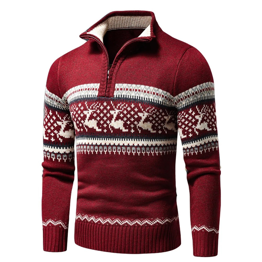 Men's Half Zip Knitted Christmas Sweater - Red