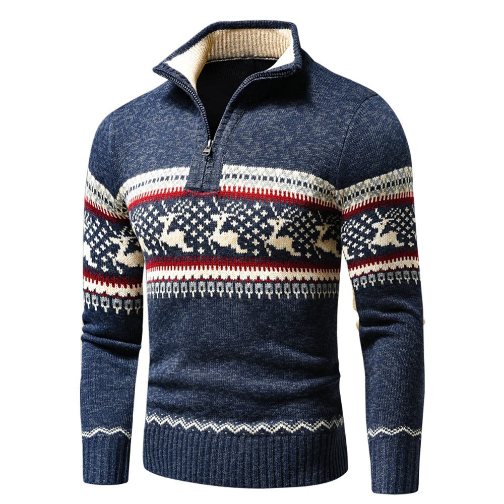Men's Half Zip Knitted Christmas Sweater - Blue
