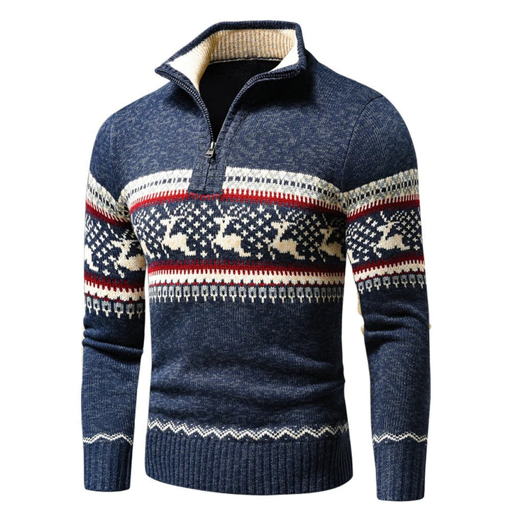 Men's Half Zip Knitted Christmas Sweater - Blue