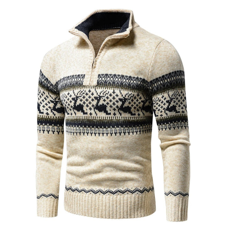 Men's Half Zip Knitted Christmas Sweater - Beige