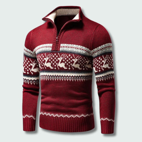 Men's Half Zip Knitted Christmas Sweater - Red