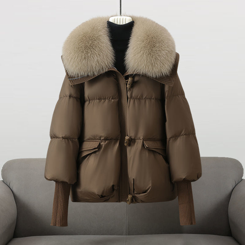 Women's Silk Down Puffer Snow Winter Jacket - Brown