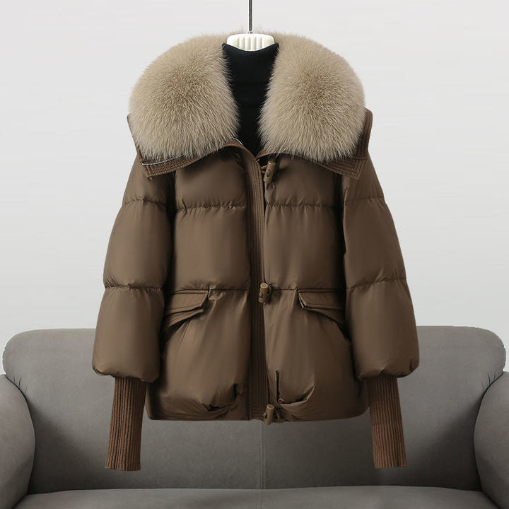 Women's Silk Down Puffer Snow Winter Jacket - Brown