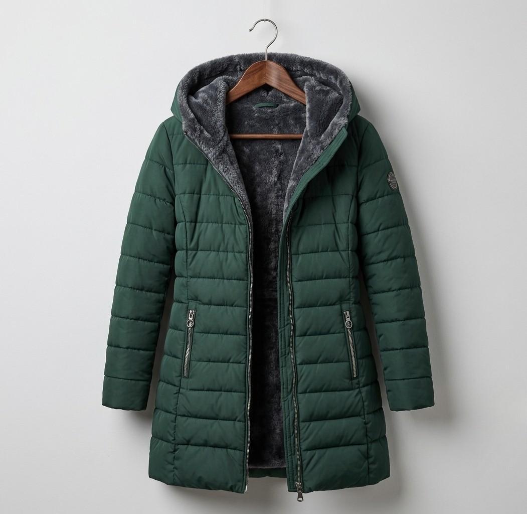 Snow Long Puffer Fleece-Lined Winter Jacket - Dark Green