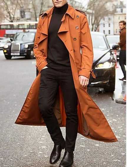 Men's Double-Breasted Lapel Collar Peacoat - Orange