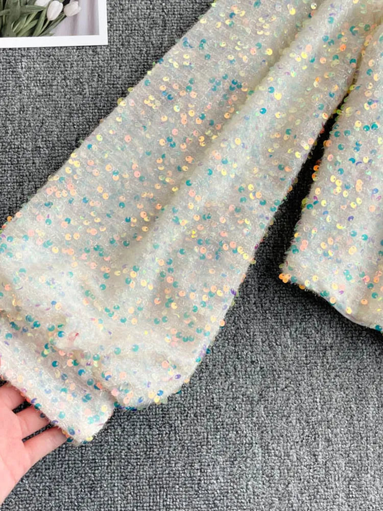 Long Sleeve Crop Sparkly Sequin Top - Blue-Gold