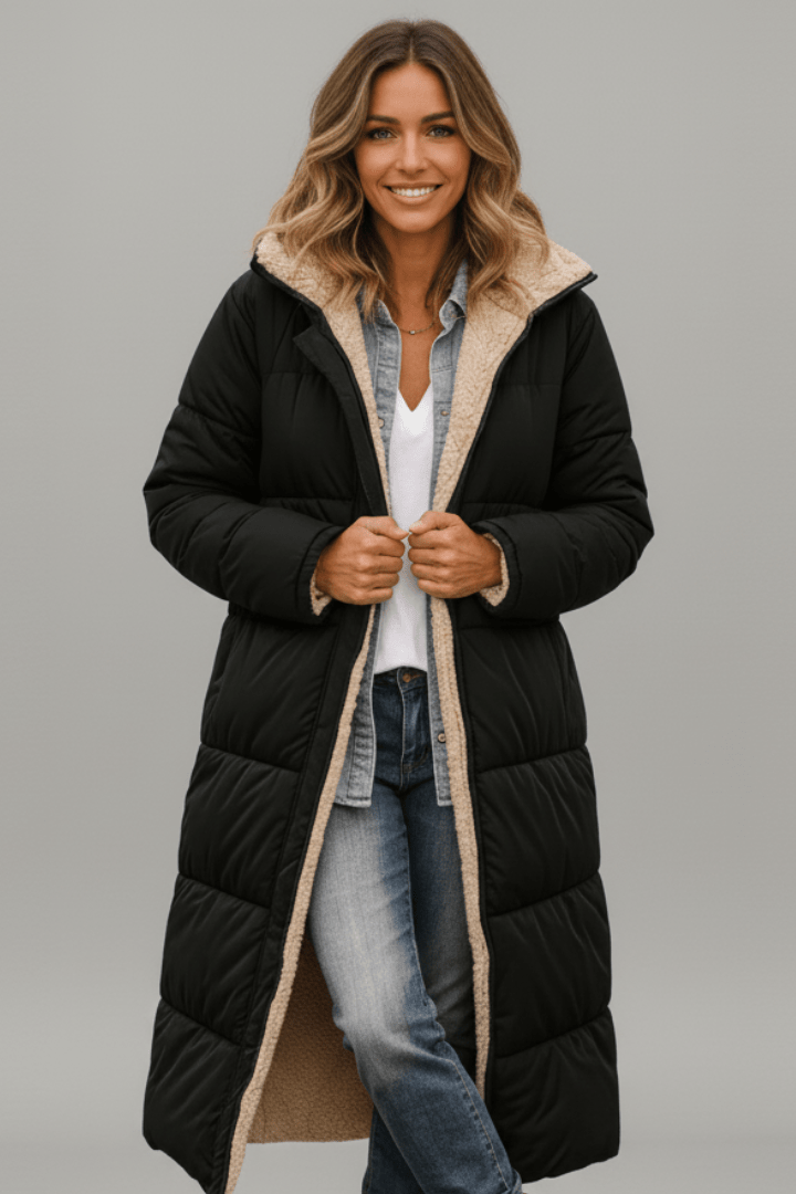 Sherpa Long Puffer Winter Jacket - Black