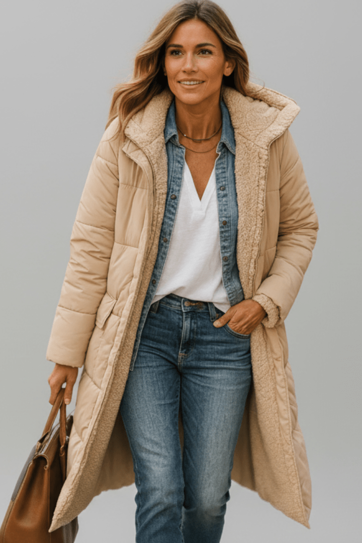 Sherpa Long Puffer Winter Jacket - Beige