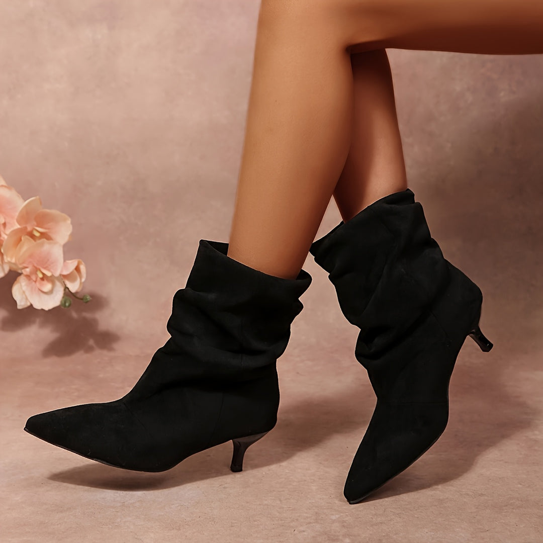 Women's Slouchy Mid-Calf Kitten Heel Boots - Black