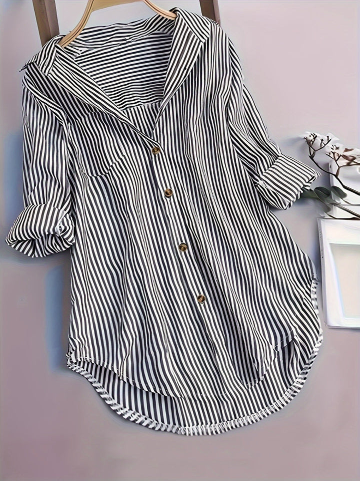 Penny | Striped Button-Down Hi-Low Blouse