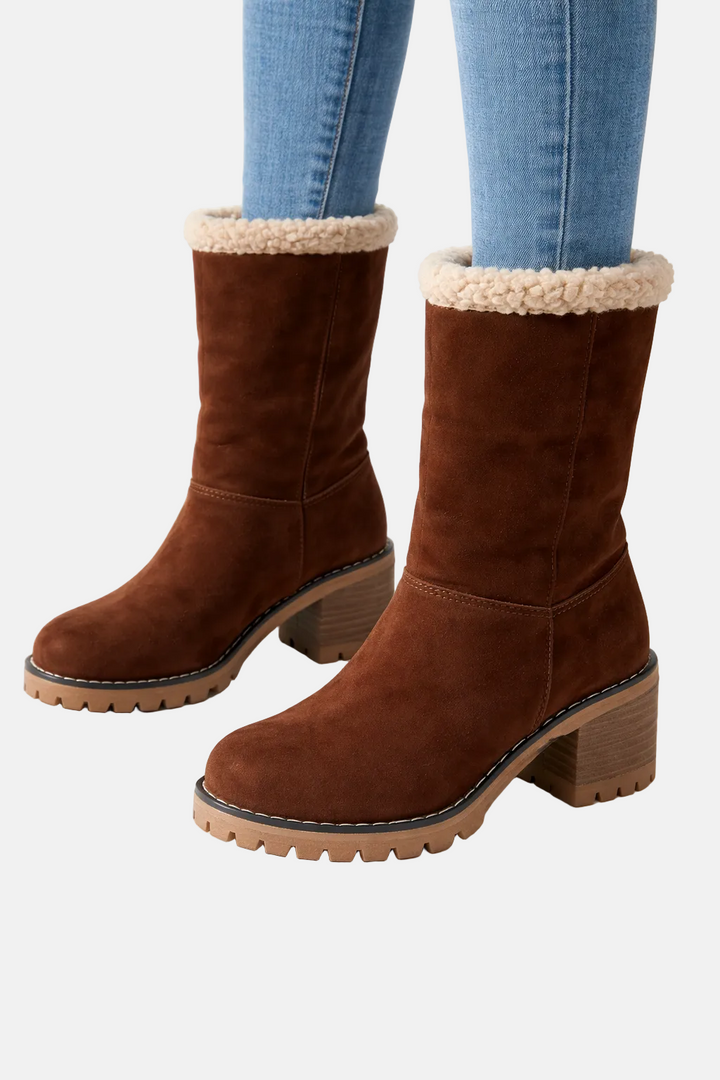 Women's Stylish Heeled Faux Fur Snow Boots - Dark Brown