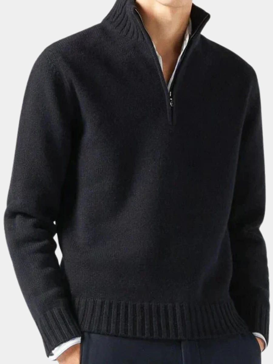 Men's Wool Knit Quarter Zip Sweater - Black