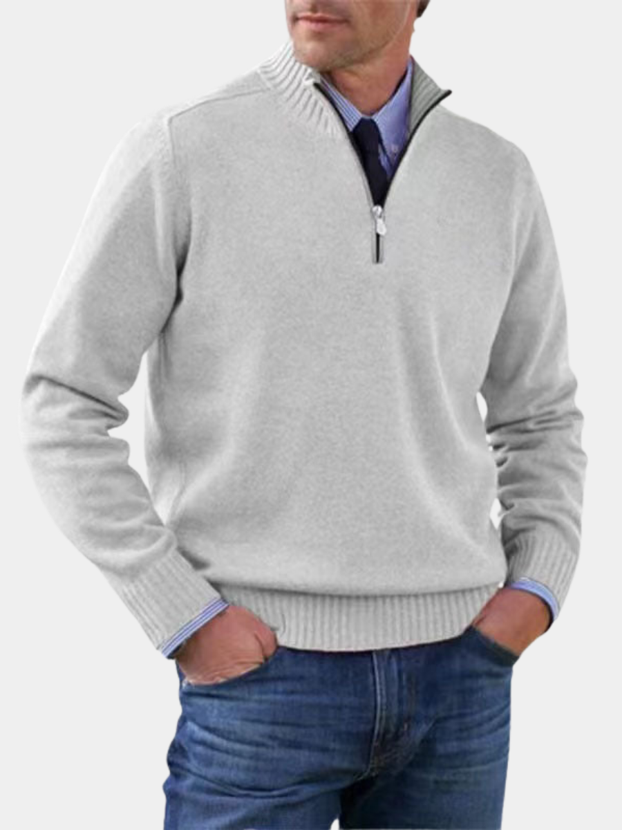 Men's Elegant Knit Zip Quarter Sweater - Grey White