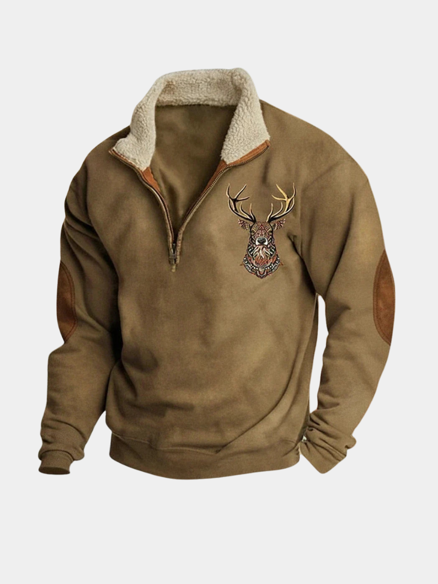 Men's Deer Polo Quarter Zip Sweater - Brown