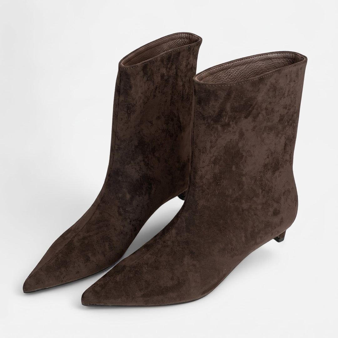 Women's Suede Pointed Toe Kitten Heel Boots - Coffee