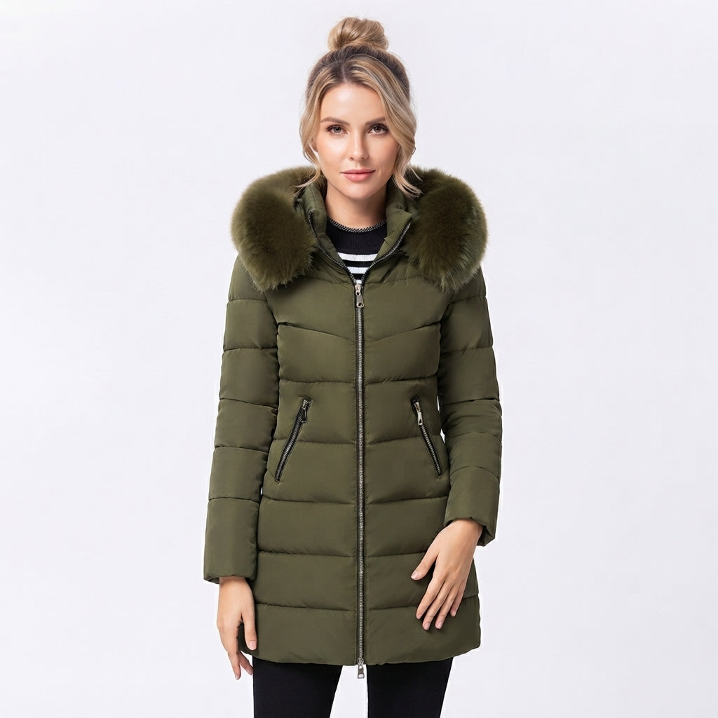 Women's Fur Long Puffer Winter Jacket - Army Green