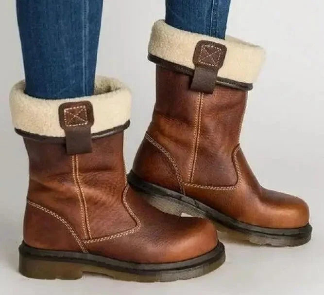 Women's Leather Fur Trim Winter Boots Women - Brown