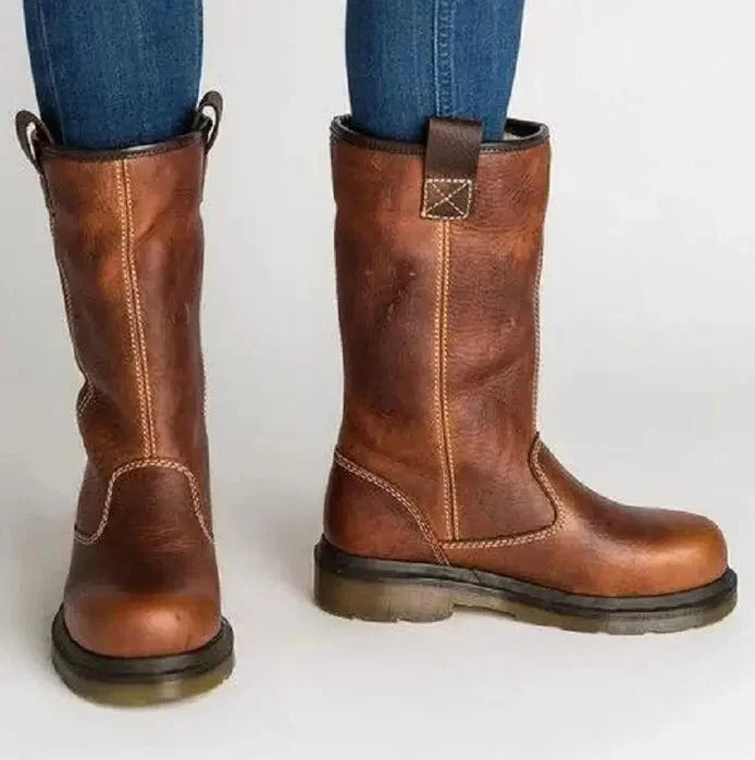 Women's Leather Fur Trim Winter Boots Women - Brown