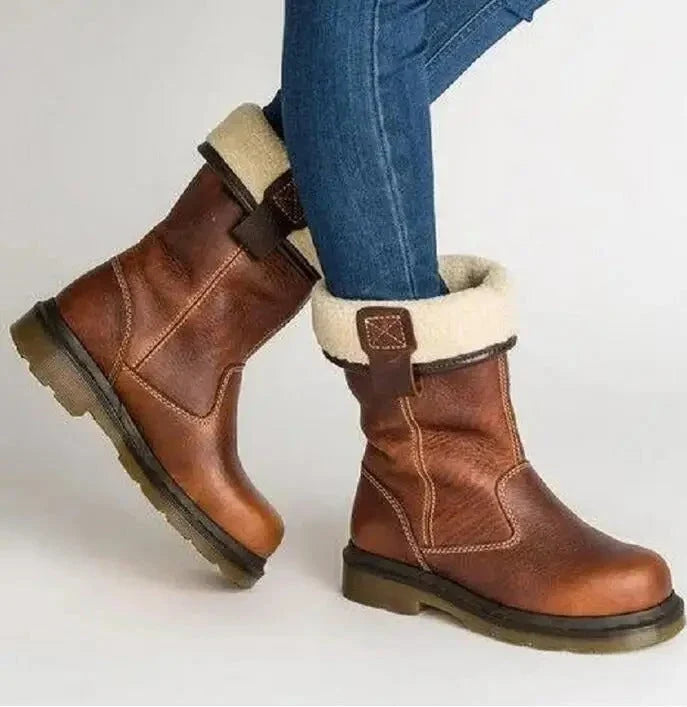 Women's Leather Fur Trim Winter Boots Women - Brown