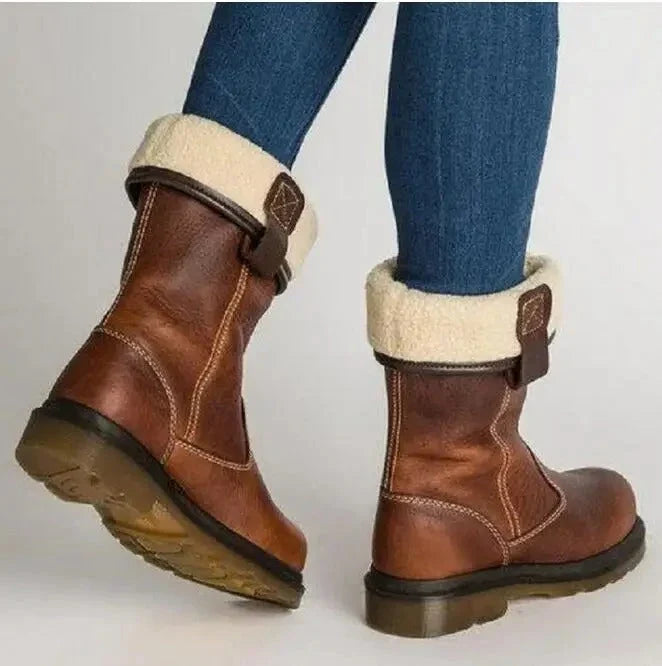 Women's Leather Fur Trim Winter Boots Women - Brown