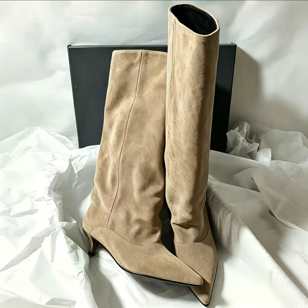 Women's Knee High Kitten Heel Boots - Khaki
