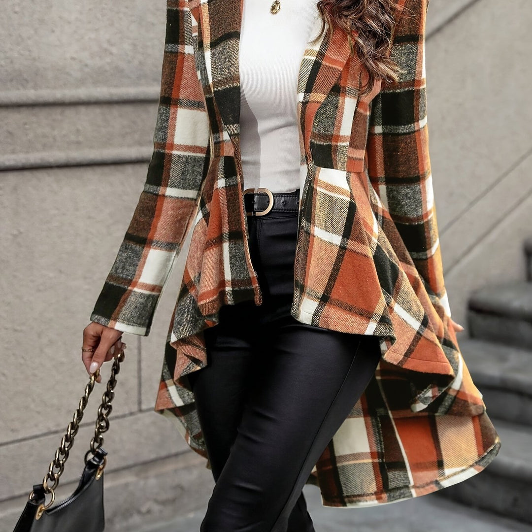 Women's Long Wool Draped Checkered Coat