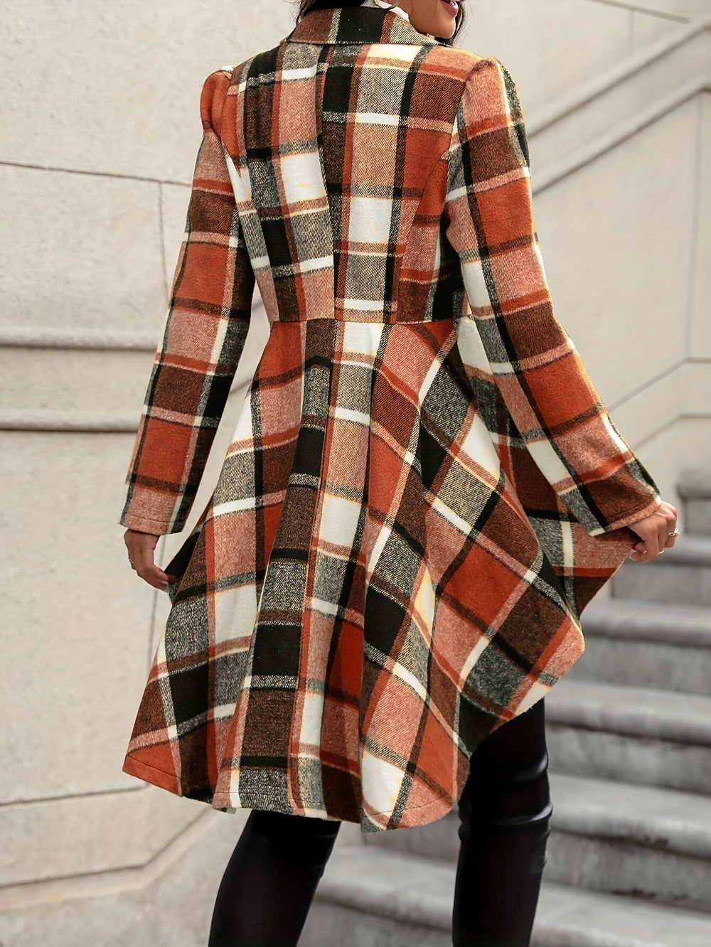 Women's Long Wool Draped Checkered Coat