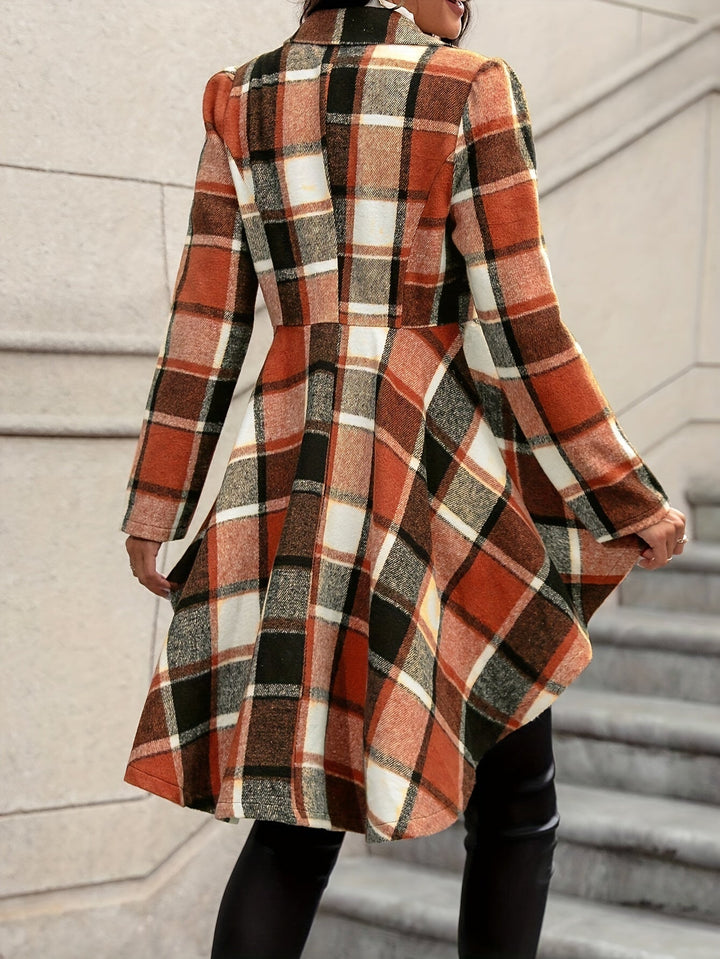 Women's Long Wool Draped Checkered Coat