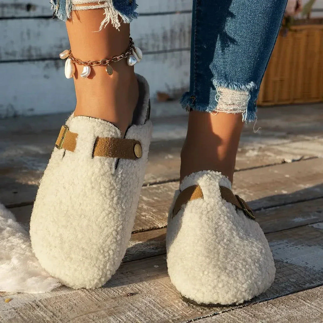 Women's Wide Fit Sheepskin Mule Slippers - Black and White