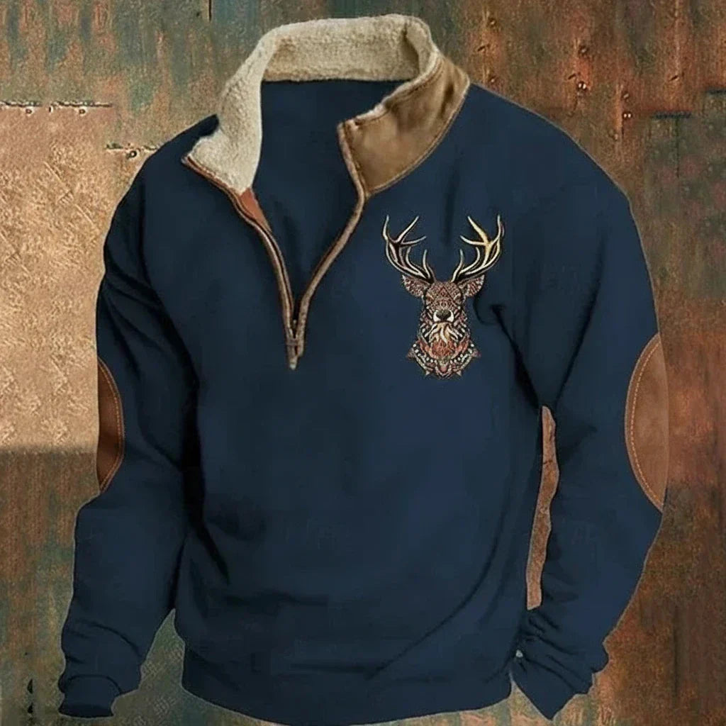 Men's Deer Polo Quarter Zip Sweater - Blue