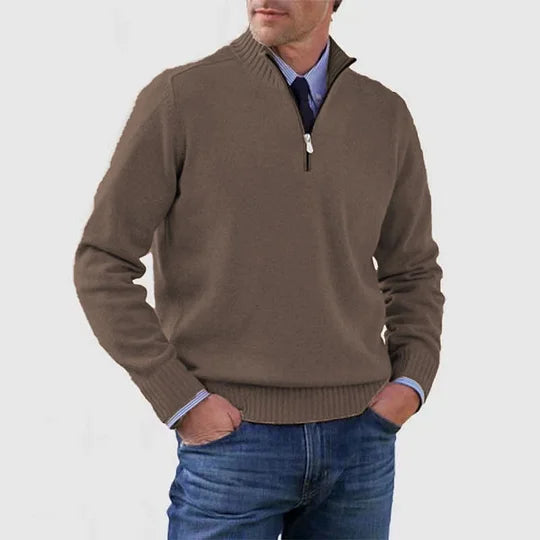Men's Elegant Knit Zip Quarter Sweater - Brown