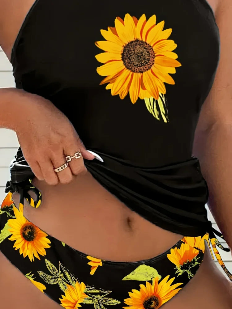 Sunny | Belly-Covering Sunflower Halter Tankini Set