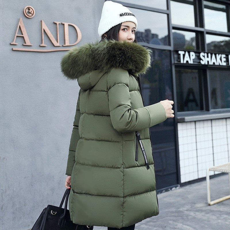 Women's Fur Hood Long Puffer Winter Jacket - Army Green