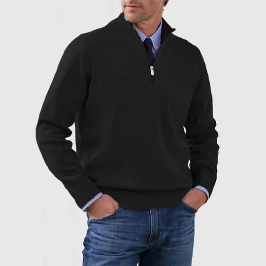 Men's Elegant Knit Zip Quarter Sweater - Black