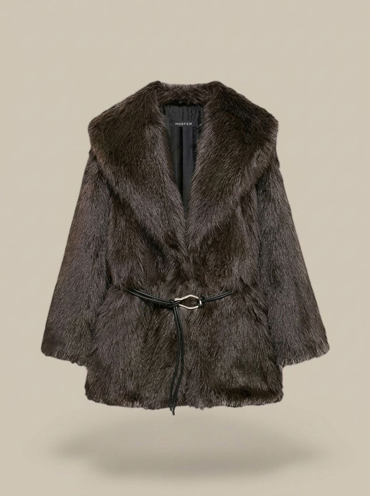 Women's Elegant Winter Faux Fur Coat - Dark Brown
