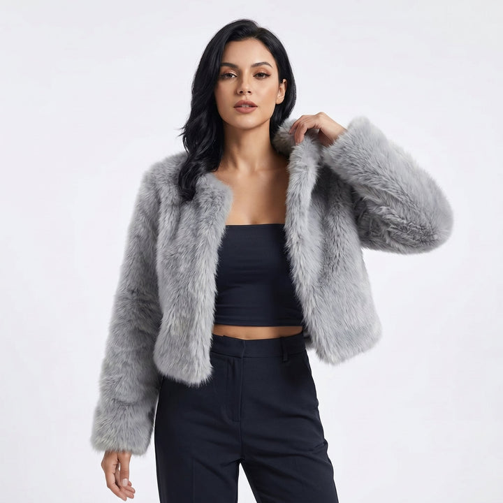 Women's Winter Cropped Faux Fur Coat - Grey