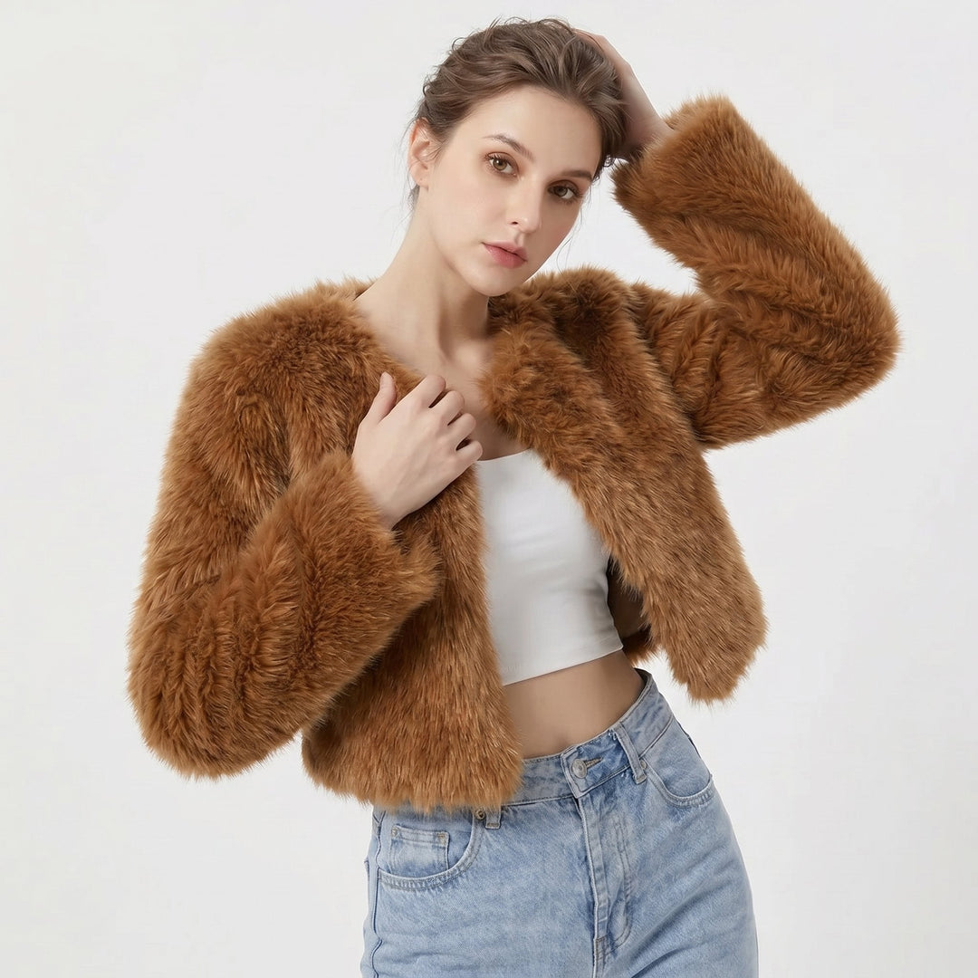 Women's Winter Cropped Faux Fur Coat - Dark Curry