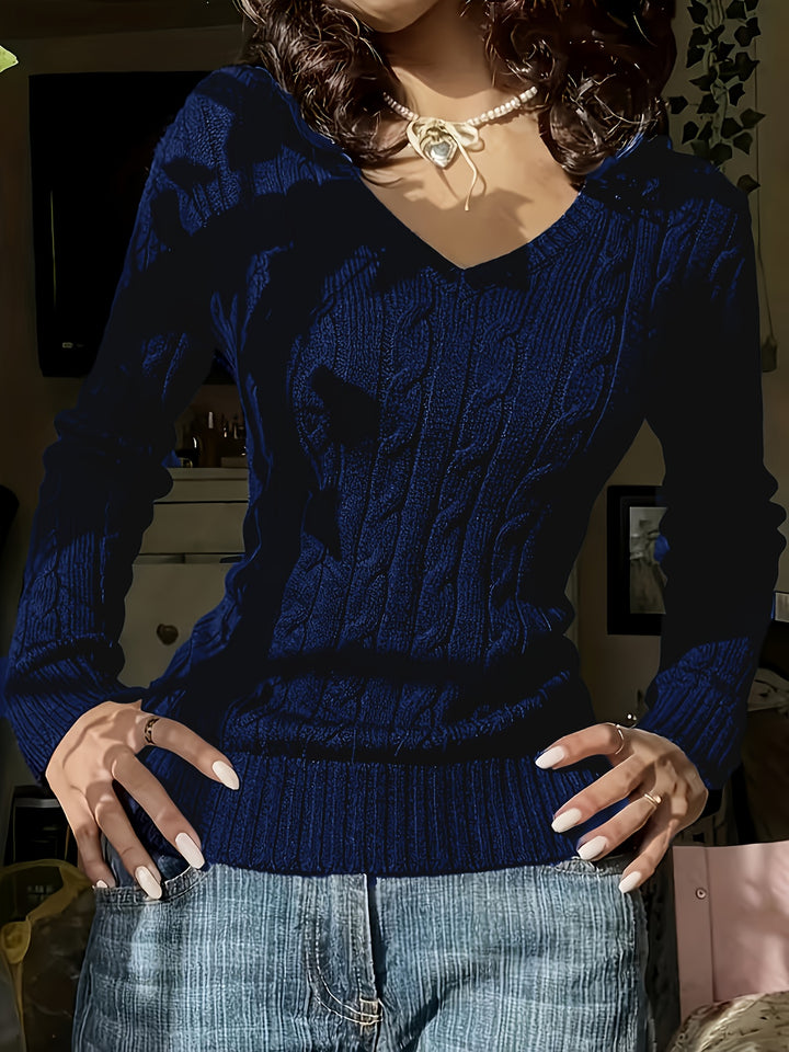 Elegant Women'S Solid Color V-Neck Textured Fabric Comfortable Long Sleeve Sweater