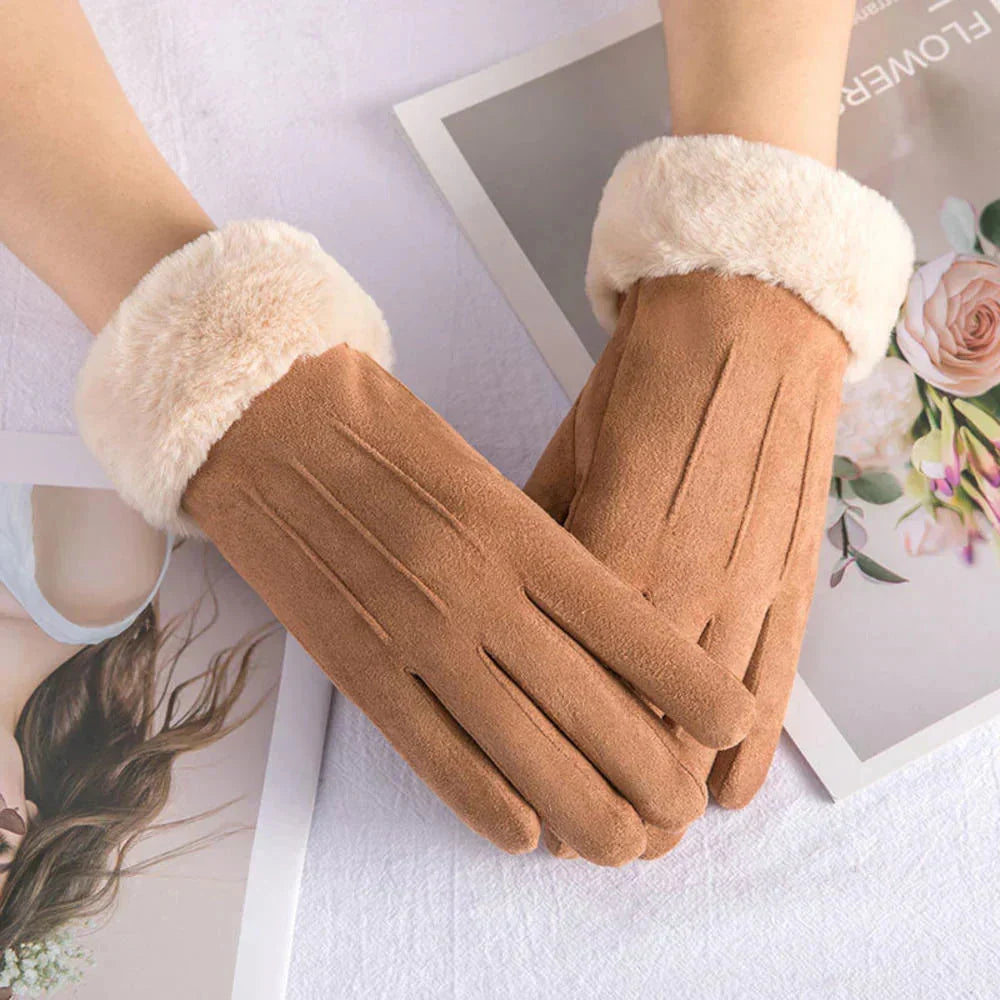 Women's Stylish Warm Winter Suede Gloves - Brown
