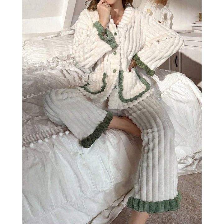 Women's Elegant Fleece Ruffle Long Lounge Pajama Set - Green