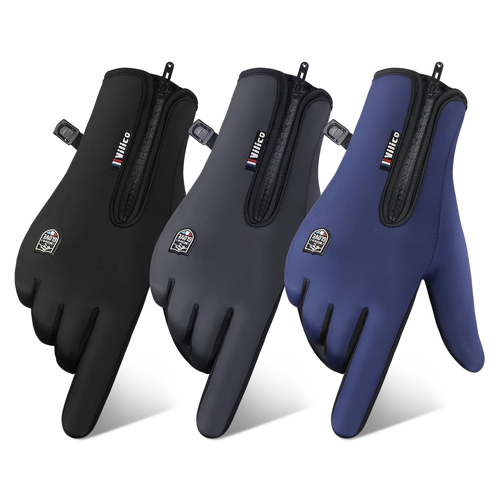 Men's Warm Winter Knit Touchscreen Ski Gloves - Black