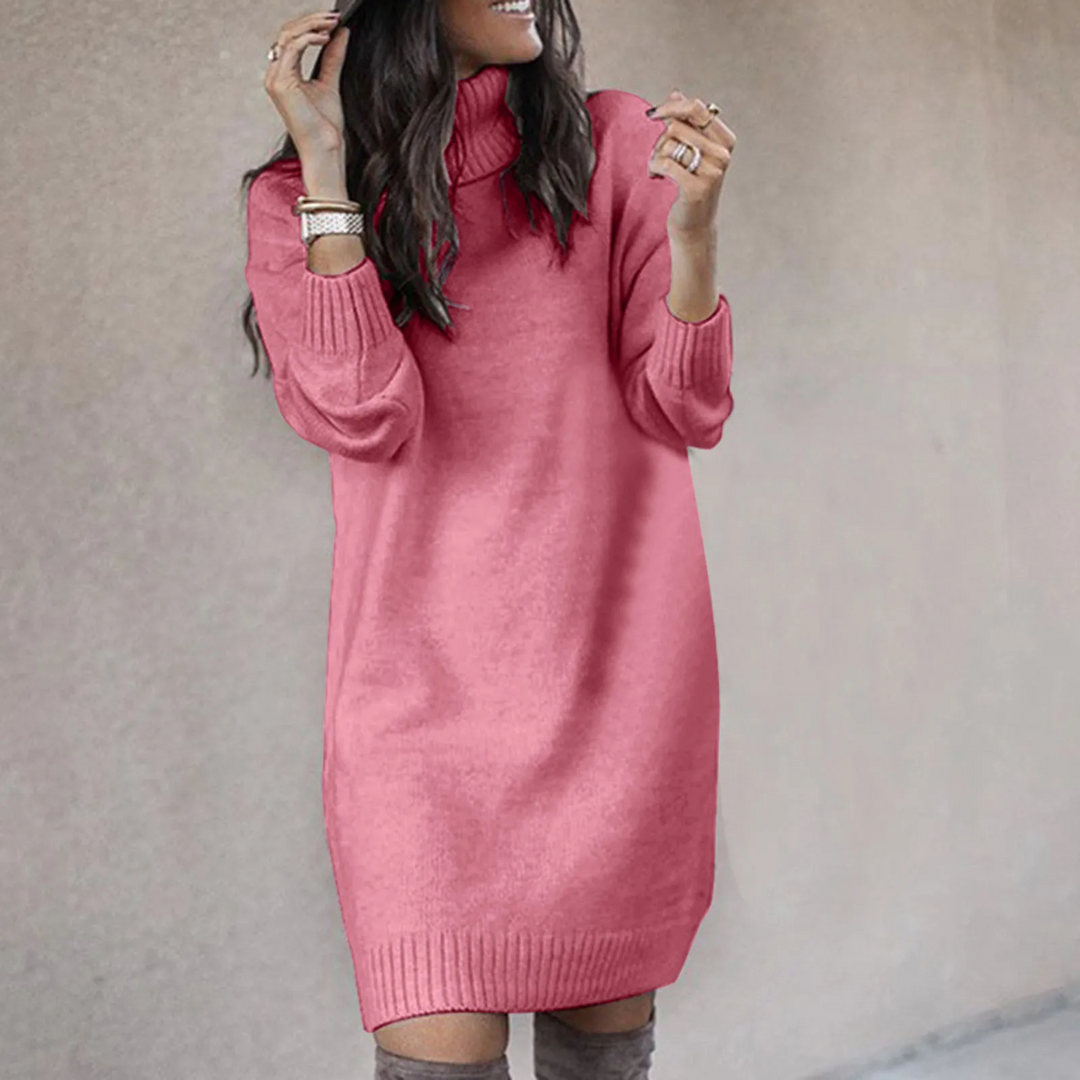 Women's Knit Turtleneck Long Sleeve Mini Sweater Dress - Pink