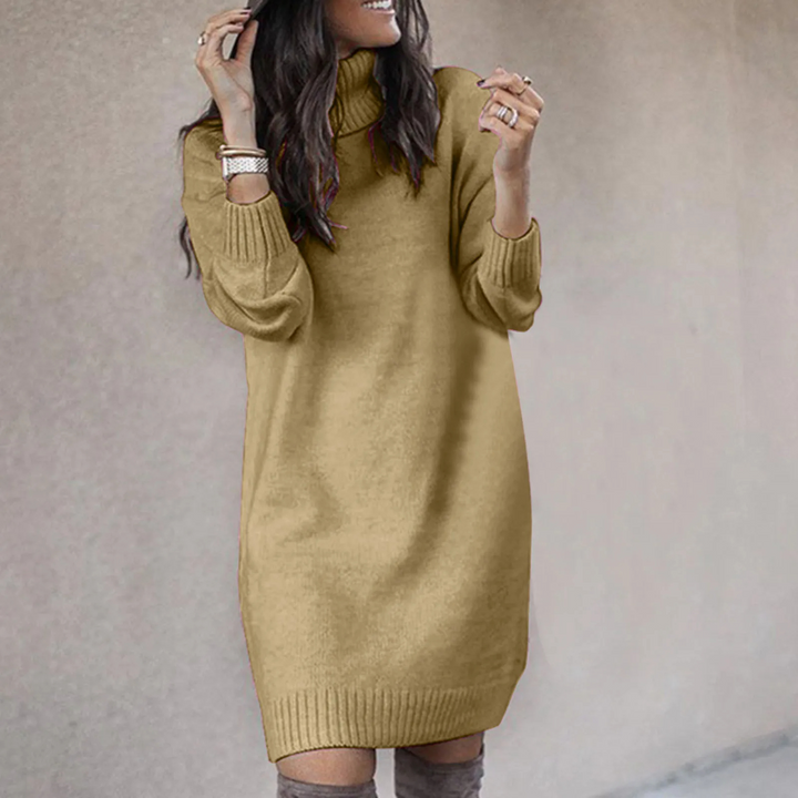 Women's Knit Turtleneck Long Sleeve Mini Sweater Dress - Khaki
