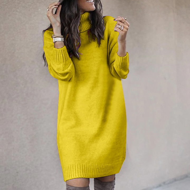 Women's Knit Turtleneck Long Sleeve Mini Sweater Dress - Yellow