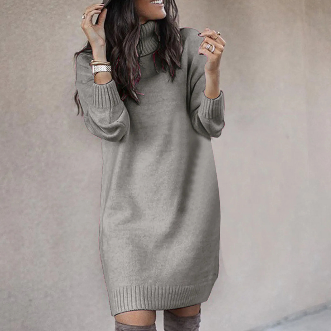 Women's Knit Turtleneck Long Sleeve Mini Sweater Dress - Grey