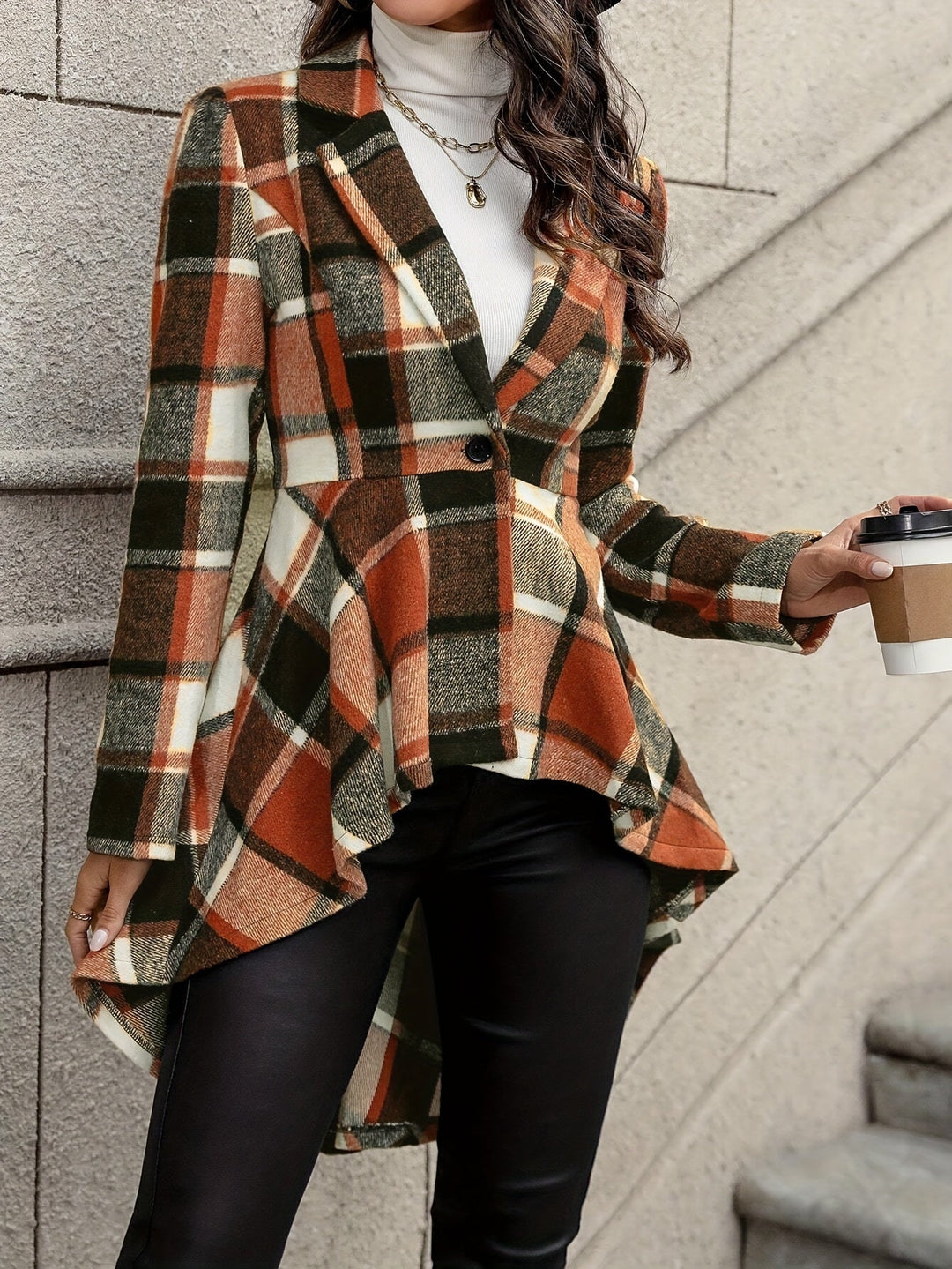 Women's Long Wool Draped Checkered Coat