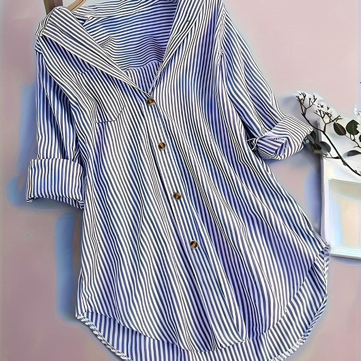 Penny | Striped Button-Down Hi-Low Blouse