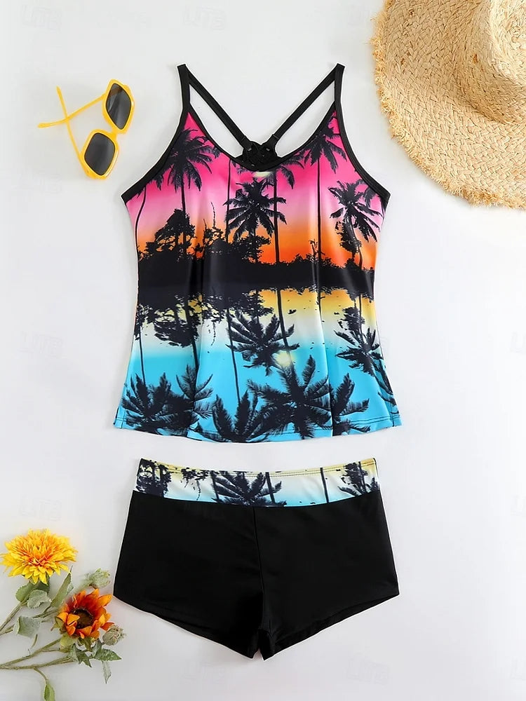 Havana | Tropical Print Tankini Set With Swim Shorts