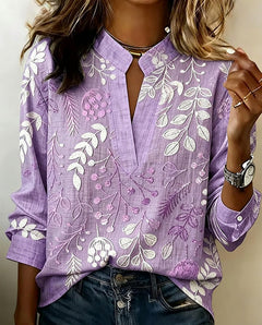 Fleur | Botanical Print Blouse with a V-Notch Neckline