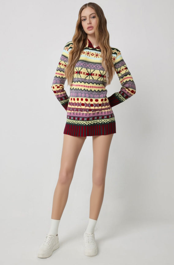 Women's Knit Long Sleeve Mini Christmas Sweater Dress - Multicolour